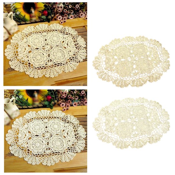 12x16 Inch Oval Dining Mat Crochet Lace Tablecloth Beige Vintage Handmade Cotton Doily for Elegant Kitchen Table Decor and Holiday Parties