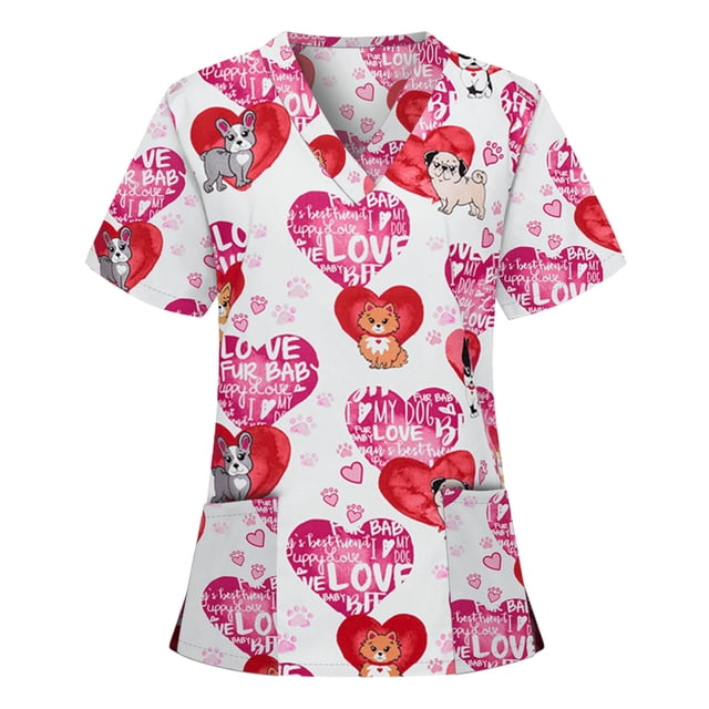 Hauts d'Été pour Femmes Manches Courtes Col en V Blouse de Travail Imprimés Mode Chemises Décontractées pour Femmes Rouge m