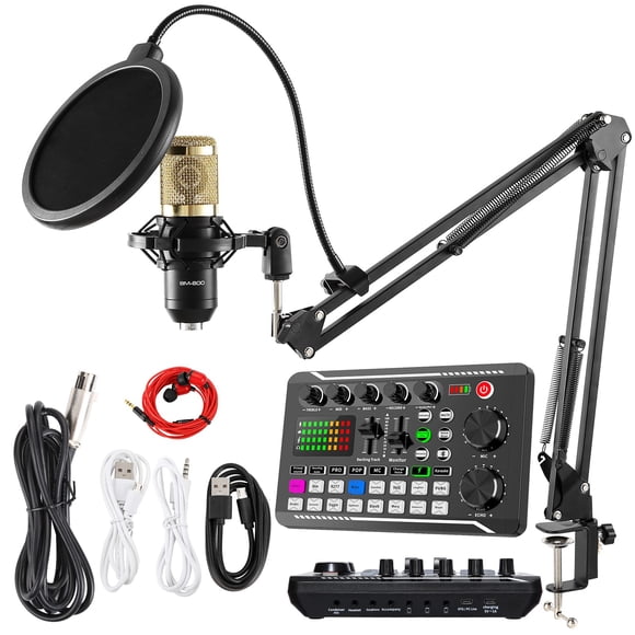 SINWE Paquete de micrófono para podcast BM-800, micrófono condensador con kit de tarjeta de sonido en vivo, paquete de equipo para podcast con cambiador de voz y funciones de mezclador para PC, teléfo