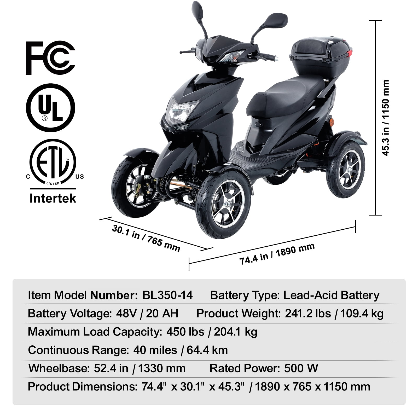 KFFKFF Heavy-Duty 4 Wheel Mobility Scooters for Seniors & Adults, 500W Powered Mobility Scooters Weight Capacity of 450lbs, 3-Speed Electric Mobility with Adjustable Seat and Lazy Back