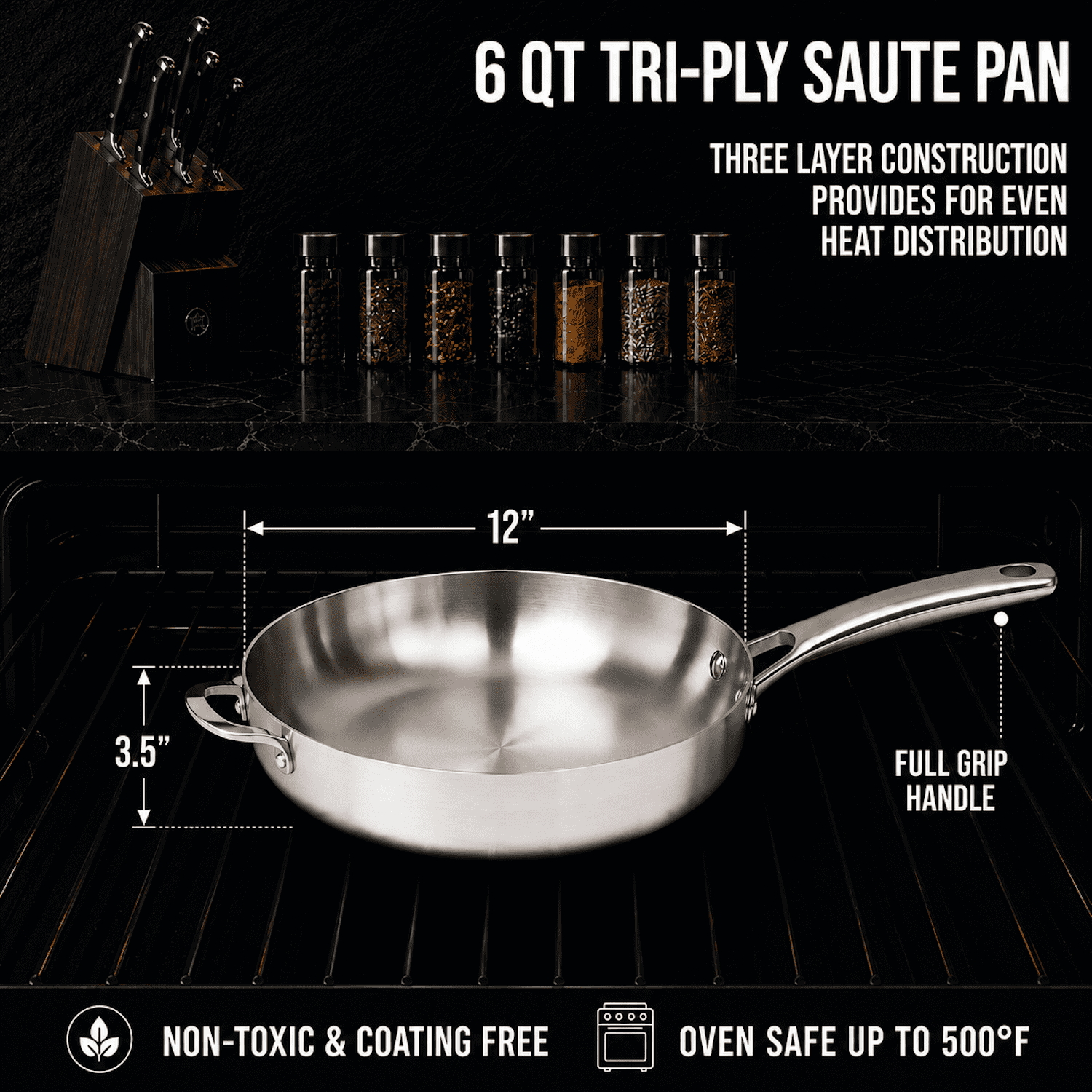 CoreClad 6-Quart Tri-Ply Stainless Steel Saute Pan with Glass Lid, Fully Clad 18/10 Stainless Steel, Induction Compatible, Dishwasher Safe, Oven Safe to 500°F, Deep Saute Skillet with Helper Handle