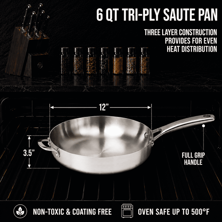 CoreClad 6-Quart Tri-Ply Stainless Steel Saute Pan with Glass Lid
