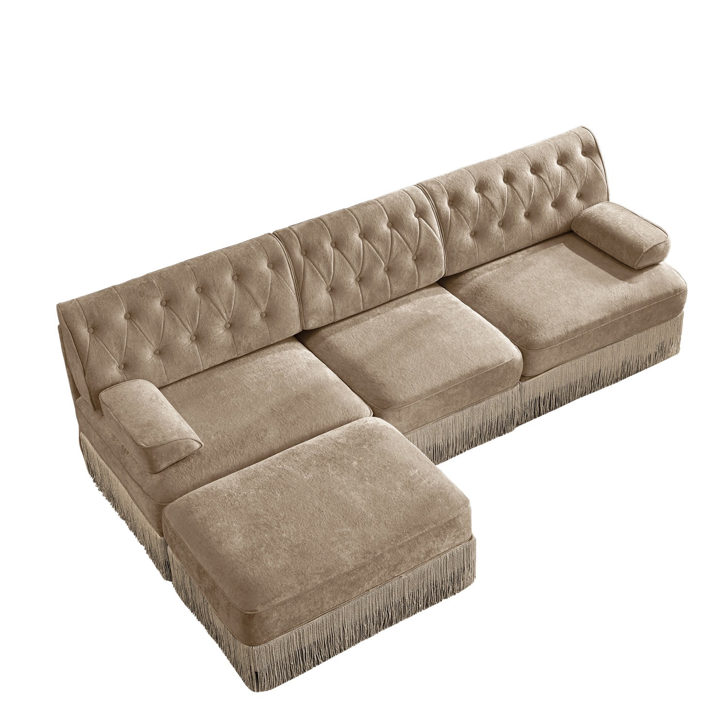 Hommoo 3-Seater Chesterfield Style Velvet Fabric L-Shaped Sectional Sofa, Tufted Button Upholstered Design and Floor-grazing Tassel, Free Combination Sofa Couch Set, for Home, Camel