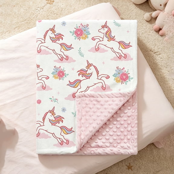 Pastel Floral Unicorn Print Reversible Dot Minky Fleece Throw Blanket, Double Layer Soft Lightweight Decorative Cover Blanket for Sofa, Couch & Bedroom Daily Use
