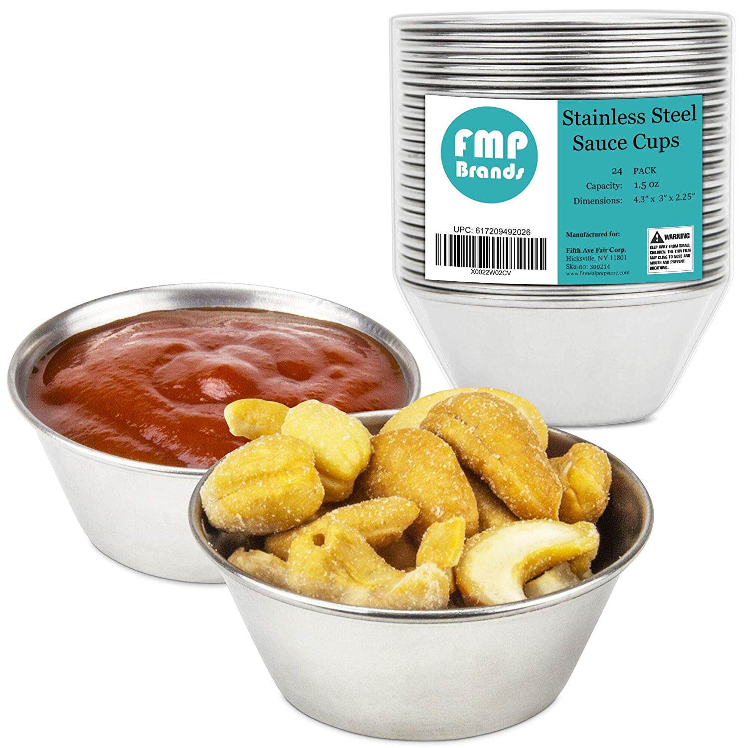 [24 Pack] 1.5 oz Stainless Steel Sauce Cups Individual Round