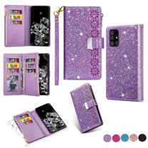 Allytech Flip Cover for Samsung Galaxy A71 5G, PU Leather Glitter Bling Design Kickstand Shockproof Multiple Cards Slots Zipper Pocket Wallet Case Cover for Girls Women, Purple