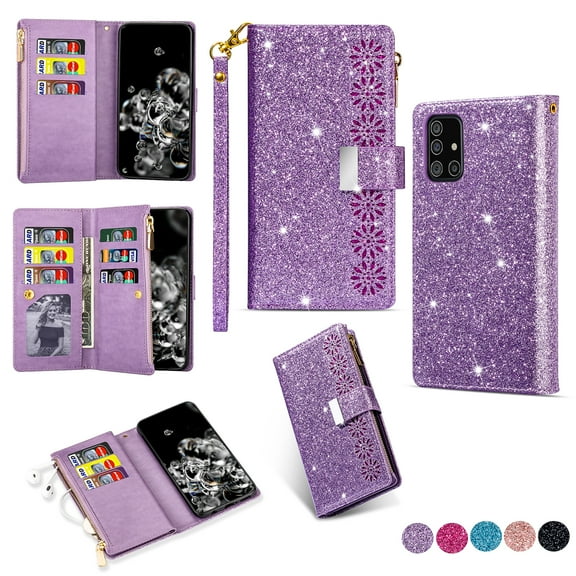 Allytech Flip Cover for Samsung Galaxy A51 5G, PU Leather Glitter Bling Design Kickstand Shockproof Multiple Cards Slots Zipper Pocket Wallet Case Cover for Girls Women, Purple