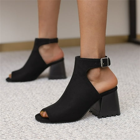 

ZHELIYO Women s sandals Ladies Fashion Solid Color Flock Hollow Open Toe Thick High Heeled Buckle Roman Sandals Black 8