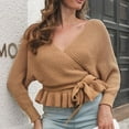 thumbnail image 2 of Lilgiuy Woman Tight-Fitting V-neck Pleated Knit Long Sleeve Pullover Sweater Top,Yellow,8(L) Winter Clothes for 2022, 2 of 5