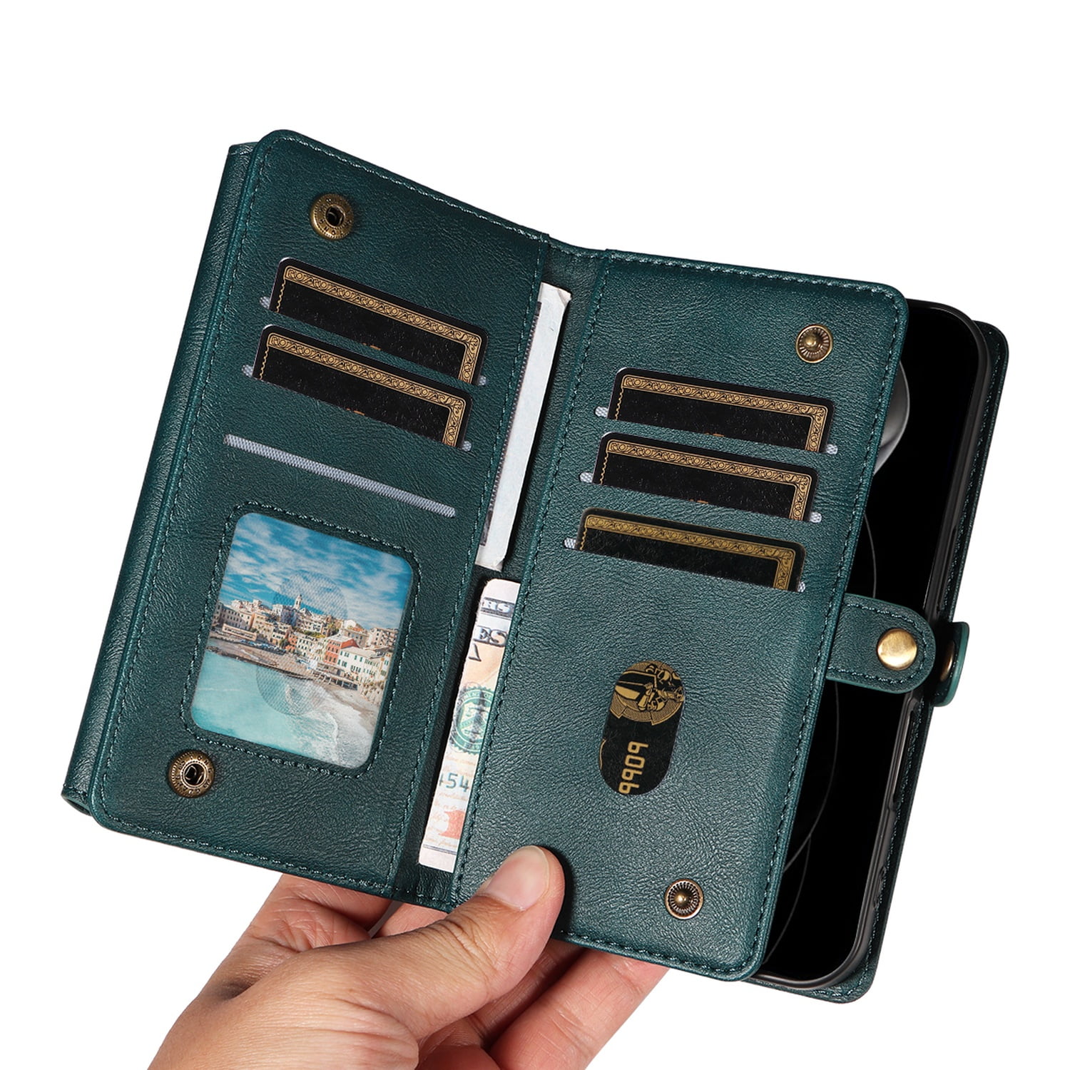 Allytechgroup Crossbody Wallet Case for Apple iPhone 17 Pro Max, Magnetic PU Leather Flip Protective Case Cover with RFID Blocking, 14 Card Slots Cash Pocket Zipper Pocket Shoulder Strap,Green