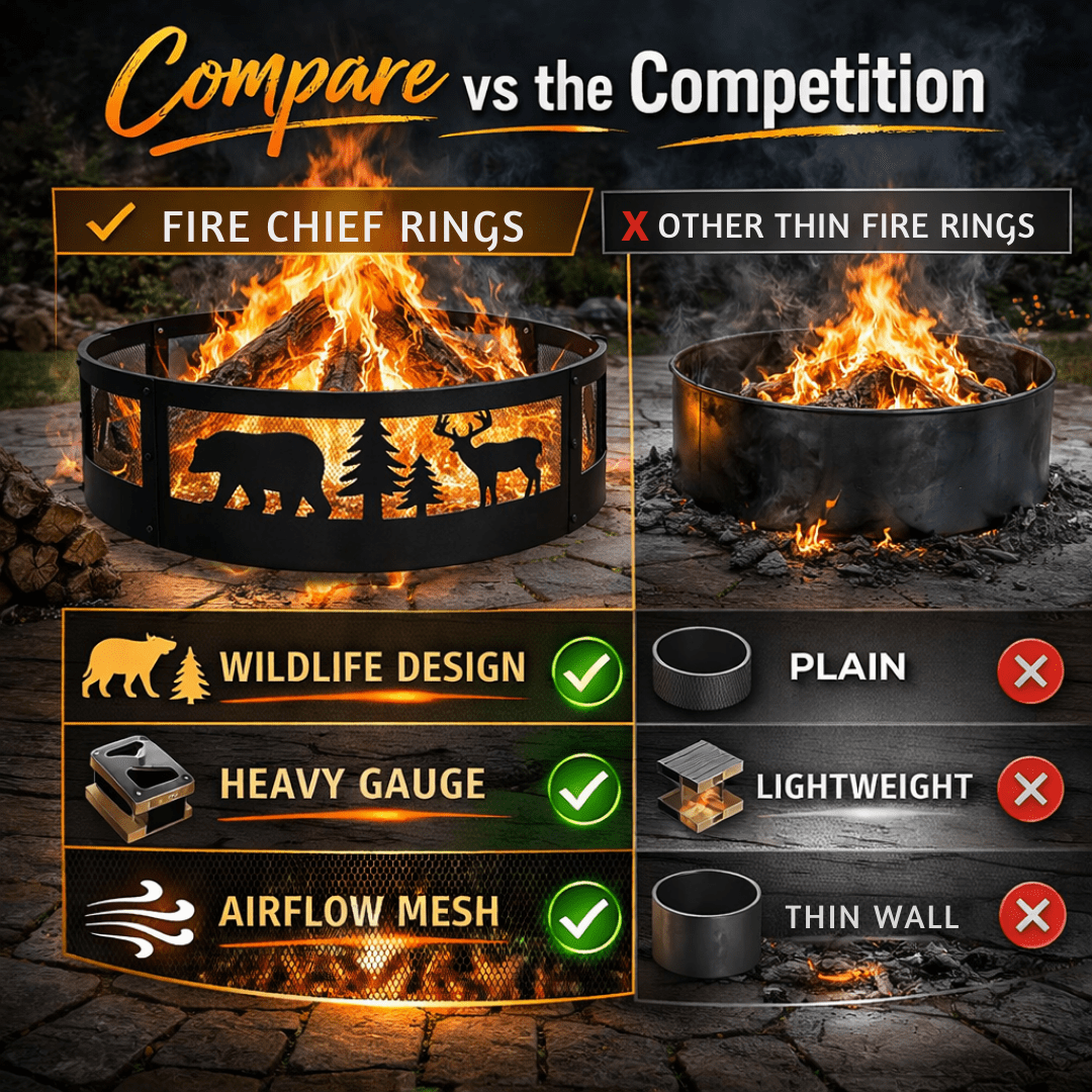 Fire Chief 36 Inch Fire Pit Ring – Heavy Duty Wood Burning Fire Ring Insert with Decorative Wildlife Design – Outdoor Steel Campfire Bonfire Pit Insert for Backyard Patio Camping