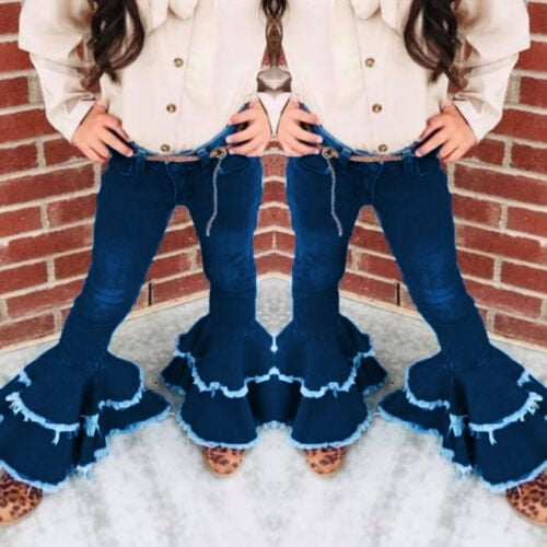 Cute Toddler Kids Baby Girls Bell-Bottoms Pants Denim Wide Leg Jeans Trousers 2-7Y