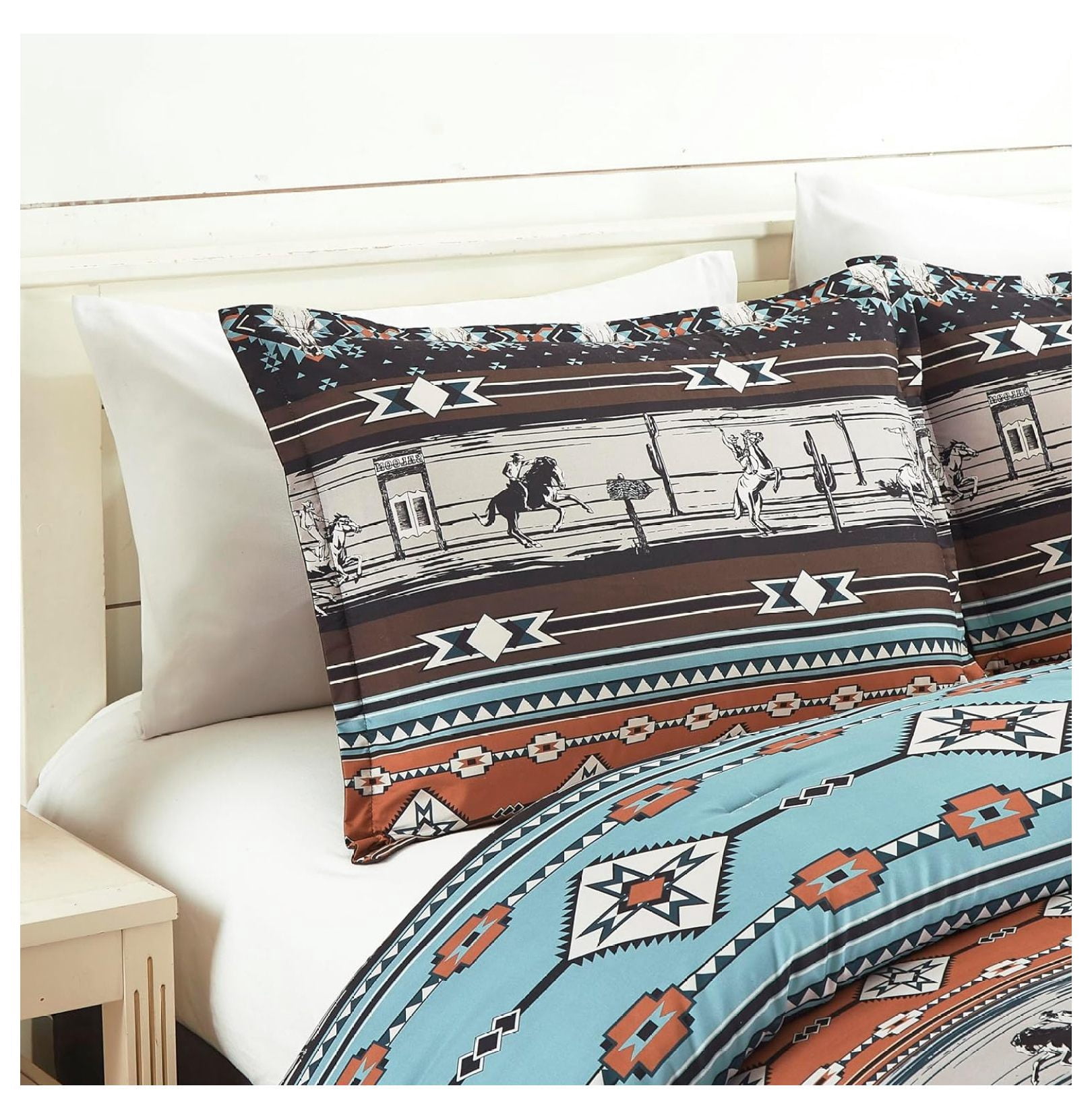 KeLiang Sawyer 3-Piece Southwestern Rodeo Comforter Set - Multicolor Blue Brown Beige Clay Printed Washed Microfiber Bedding, Queen