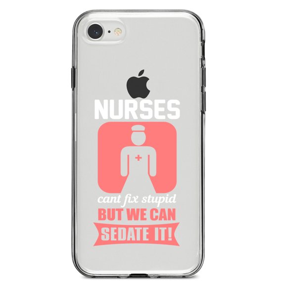 DistinctInk Clear Shockproof Hybrid Case for iPhone 7 8 SE (2020 Model) 4.7" Screen TPU Bumper Acrylic Back Tempered Glass Screen Protector - Nurses Can't Fix Stupid But Can Sedate It