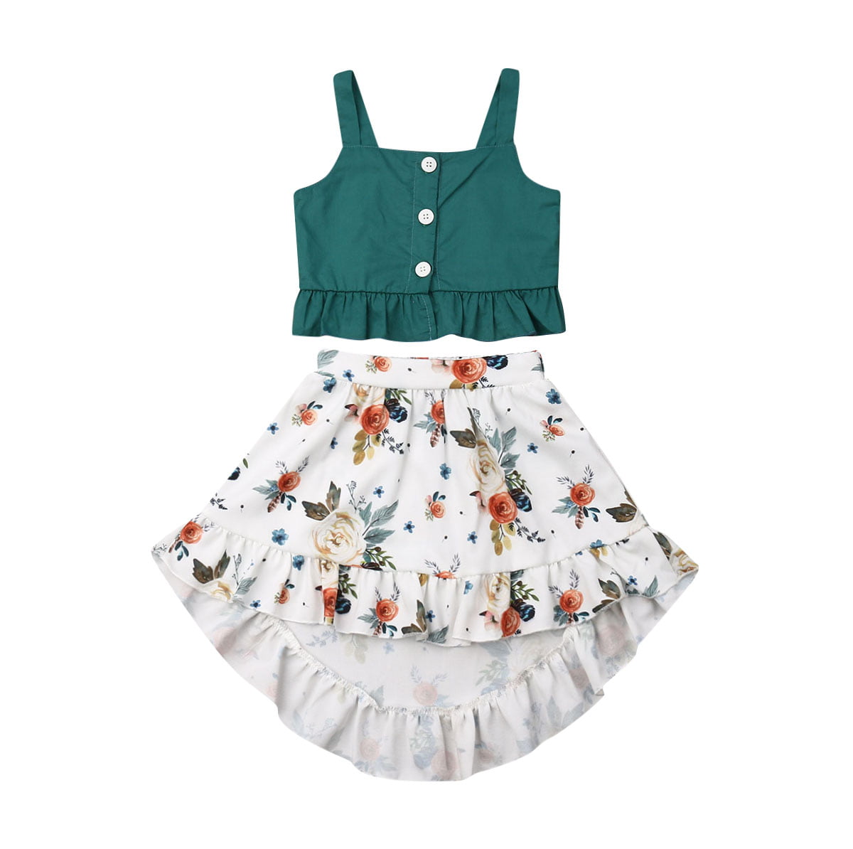 Baby Girls Sleeveless Shirt+Irregular Floral Skirt Set Summer Casual Clothes 