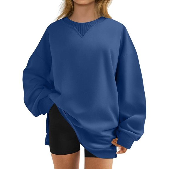 UJNDER Oversized Sweatshirt for Women Solid Color Crew Neck Pullover Long Sleeve Casual Lined Navy S