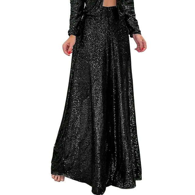 Pantalones anchos con lentejuelas lisos para mujer: cierre con cremallera, corte holgado con bolsillos, pantalones largos elegantes para primavera/verano/otoño
