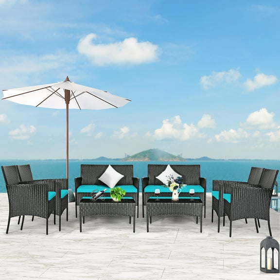 Costway 8PCS Patio Rattan Furniture Set Cushioned Sofa Coffee Table Backyard Turquoise