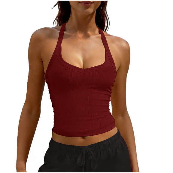 XFLWAM Women's Halter Crop Tank Tops V Neck Backless Ribbed Fitted Sleeveless Cami Shirts Summer Workout Gym Clothes