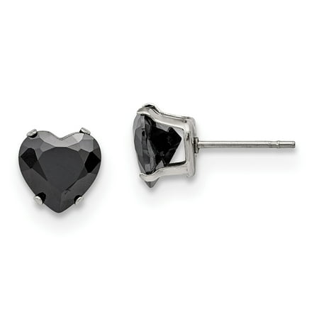Primal Steel Stainless Steel Polished 8mm Black Heart CZ Stud Post Earrings