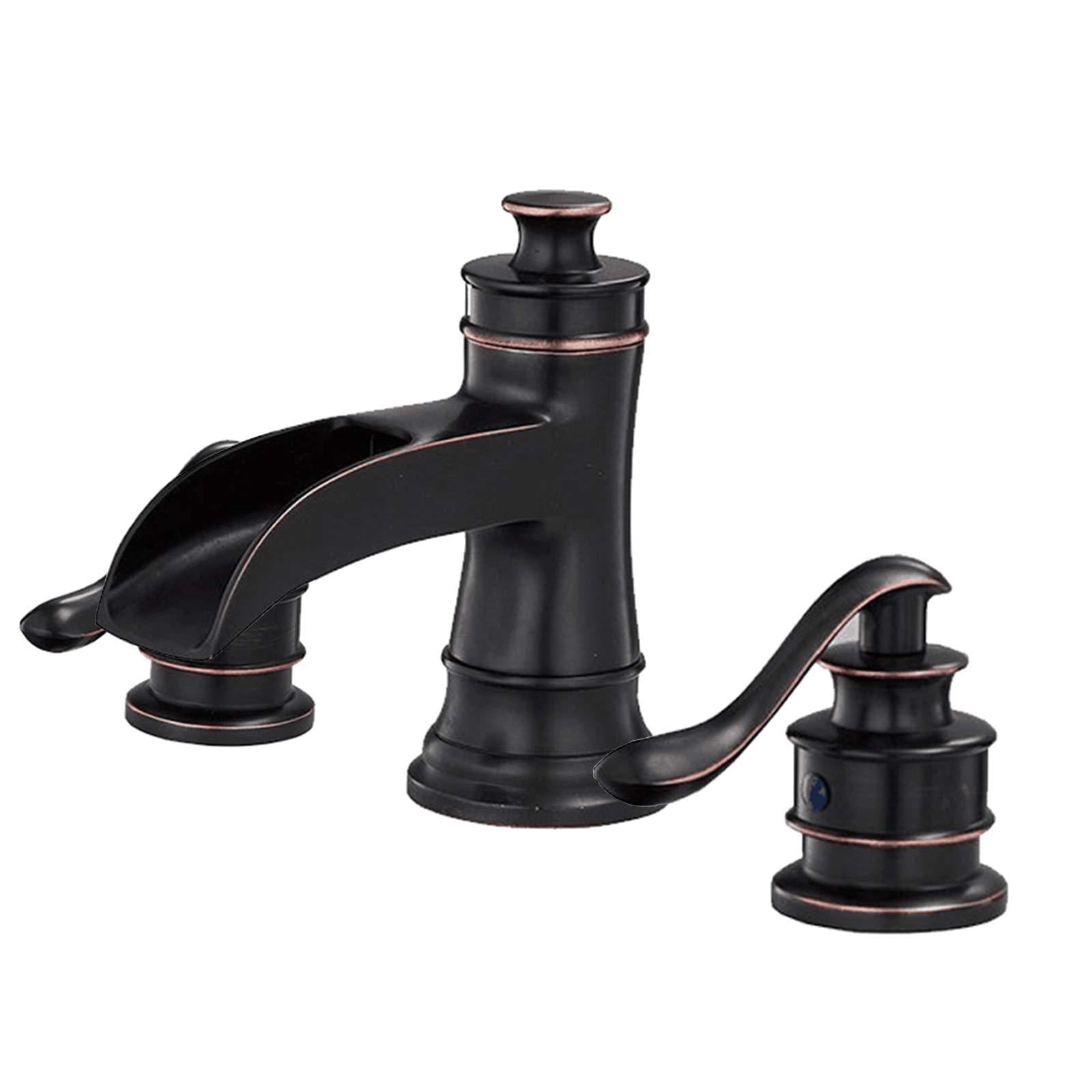 Bathlavish Oil Rubbed Bronze Widespread Bathroom Faucet 3 Hole Waterfall 8  - 16 Inch 2 Handle Vanity Lavatory Commercial Supply Line Lead-Free Without  