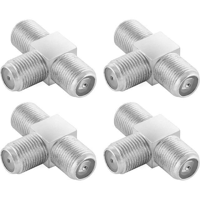 4X Sat Tv T-Shaped Coaxial Tv Antenna Splitter (3X F Female Socket) Tv Antenna Cable Splitter, Coaxial Cable Adapter, Dual Satellite Antenna Socket, Silver