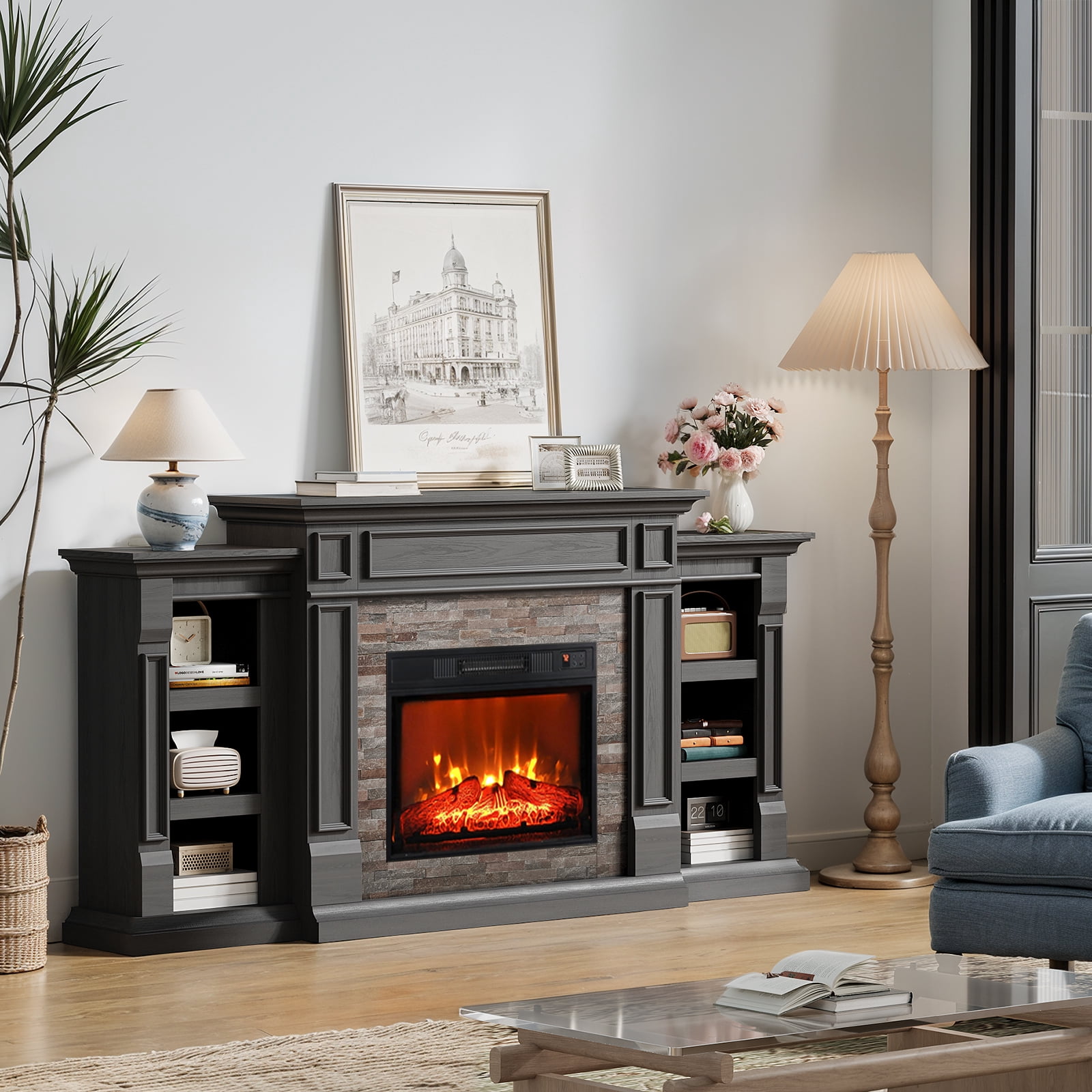 Holliwill 72" Electric Fireplace with Mantel, Farmhouse TV Stand for TVs up to 80", Entertainment Center with 23" Fireplace Insert Heater for Living Room, Bedroom, Black
