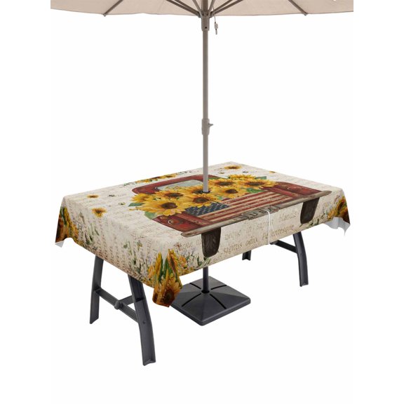 Outdoor Tablecloths with Umbrella Hole & Zipper, Vintage Sunflower Truck 60 x102 Inch Rectangle Tablecloths, Summer Botanical Pastoral Retro Art Waterproof Table Cloth, Patio/Pool Table Covers