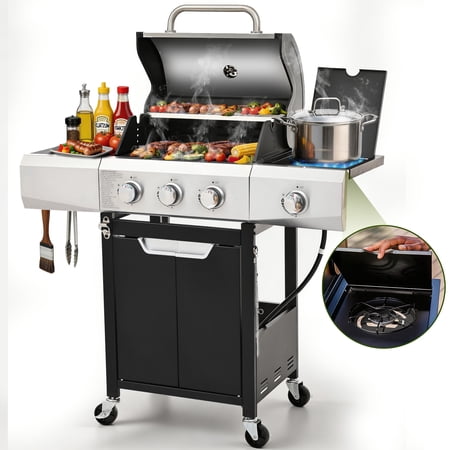 Sesslife 3 Burner Propane Gas Grill, Stainless Steel BBQ Grill with Side Burner, 40500 BTU Portable Outdoor Cooking for Camping, Patio, Backyard, Black