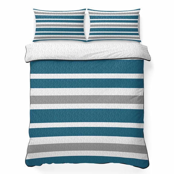 Dark Blue 3 Piece Quilt Bedding Set with 2 Pillow Shams, Gray White Lightweight Bedspread Coverlet, Soft Breathable All Season Quilt, 90 x 96 Inch