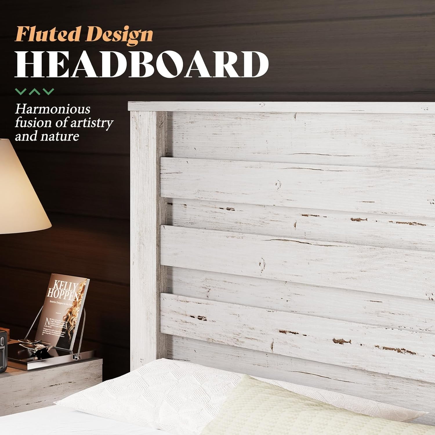 LUXOAK Queen Size Bed Frame with Natural Wood Platform, 49" Fluted Headboard, White