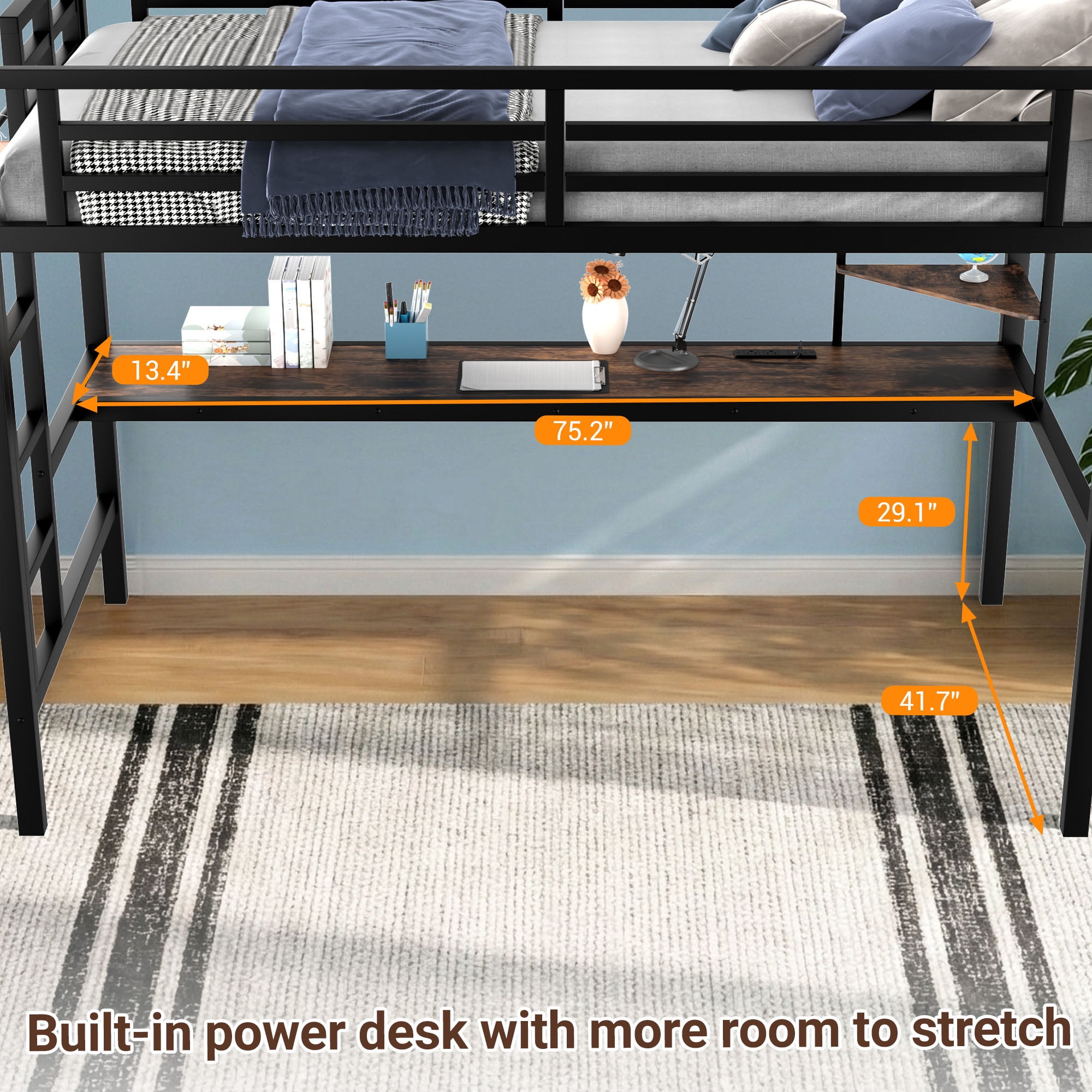 Miniyam Twin Size Loft Bed with Desk and Storage Shelves, Metal Loft Bed with Charging Station and LED Lights