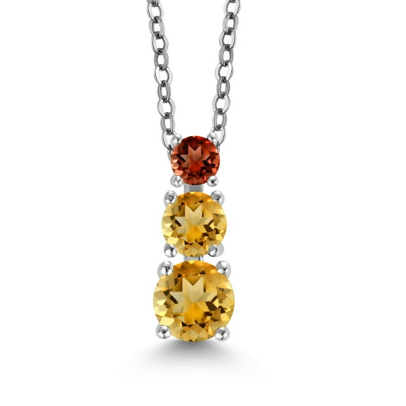 Gem Stone King Yellow Citrine and Red Garnet 3 Stone Pendant Necklace for Women (1.13 Cttw, Gemstone Birthstone, Round 5Mm, 4Mm and 3Mm, With 18 inch Chain)