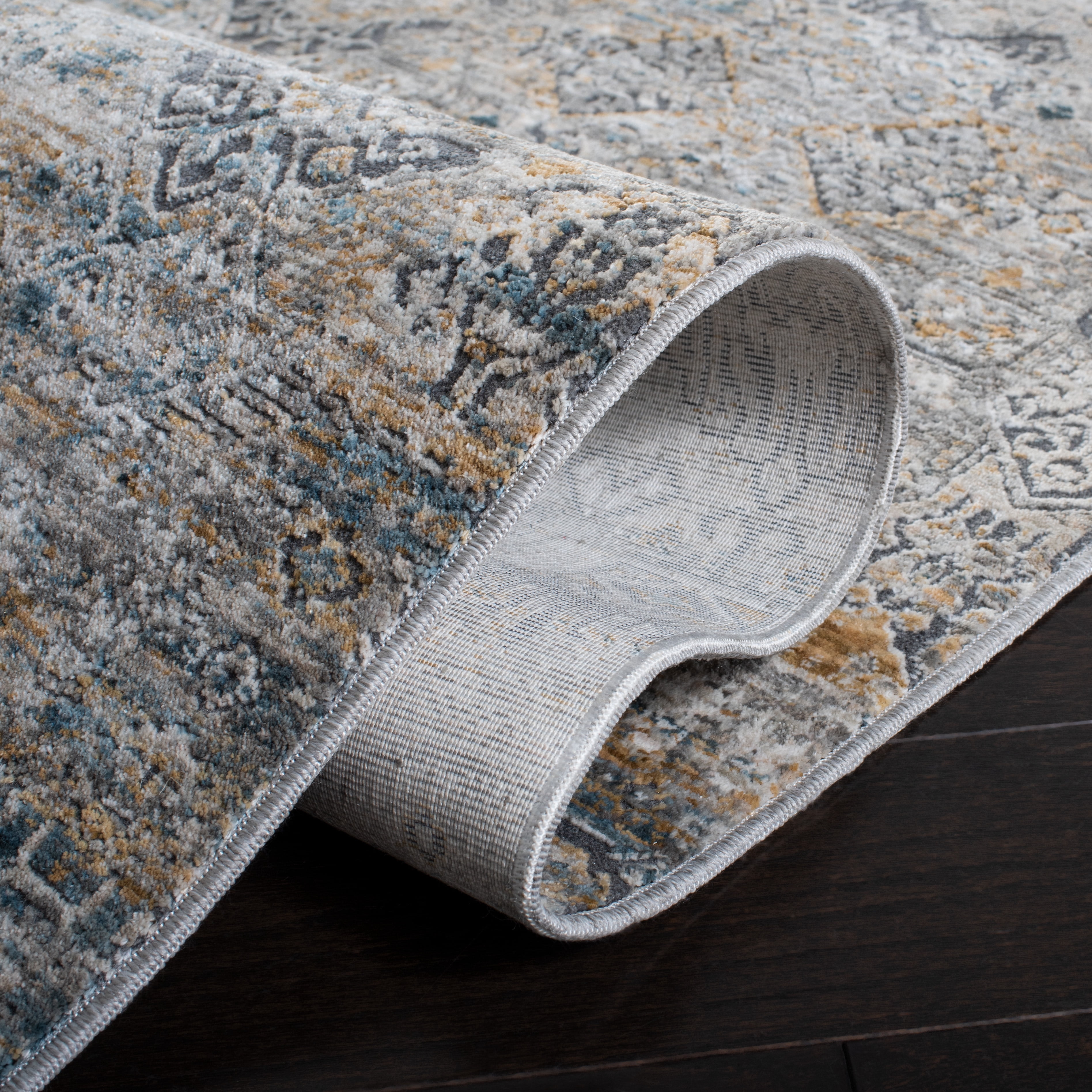 SAFAVIEH Dream Billy Damask Polyester Area Rug, Grey/Gold, 9' x 12'