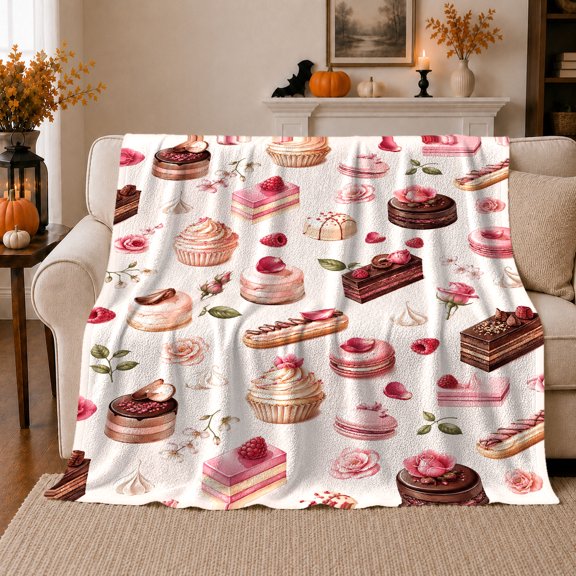 Sweet French Patisserie Cupcakes Roses Watercolor decorative motif, Playful Food Art Scene, Warm Flannel Blanket for Kitchen and Dining Room, Food Lovers Valentine's Day Gift, Playful Home Decor