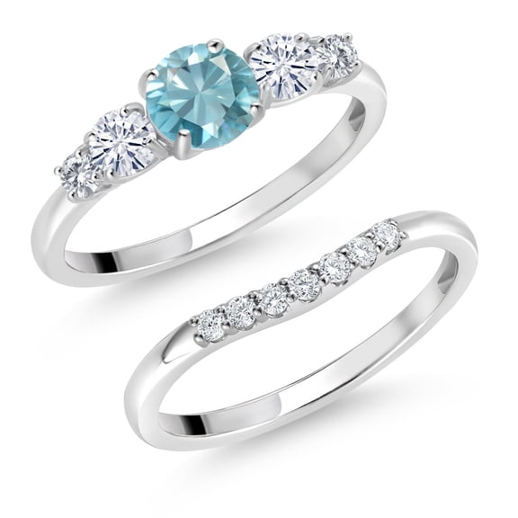 Gem Stone King 10K White Gold Blue Zircon White Moissanite and White Lab Grown Diamond 5 Stone Bridal Engagement Wedding Ring Set for Women (1.16 Cttw, Round: 5MM and 3MM, Size 8)