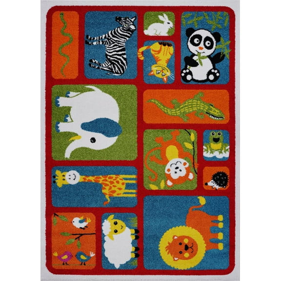 Ladole Rugs Adorable Animals Theme Contemporary Kids Area Rug Carpet in Red and Multicolor, 4x6 (3'11" x 5'3", 120cm x 160cm)