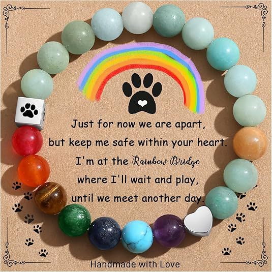 Jinswick Pet Memorial Stone Bracelet - Rainbow Bridge Sympathy Gift with Card & Paw Print Unisex Remembrance for Loss of Dog or Cat