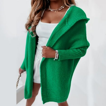 MKLEKYY Cute Sweaters for Teens Women Solid Color Hooded Patchwork Batwing Sleeve Open Sweater Knitted Cardigan