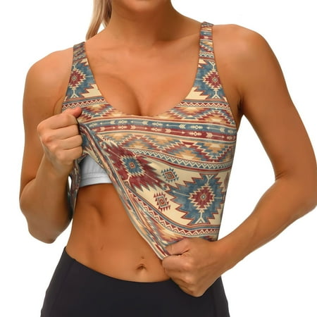 Qokaie Traditional Tribal Aztec Pattern Womens Scoop Neck Sports Bra Breathable Workout Vest Padded U Back Medium Impact Fitness Gym Yoga Bra Workout Crop Top
