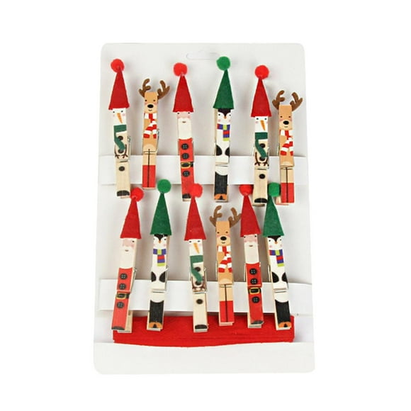 Christmas Decoration Wooden Clip Lovely Cartoon Printed Christmas Clip Portable Christmas Wooden Clip with Rope Cartoon Printing for Festival