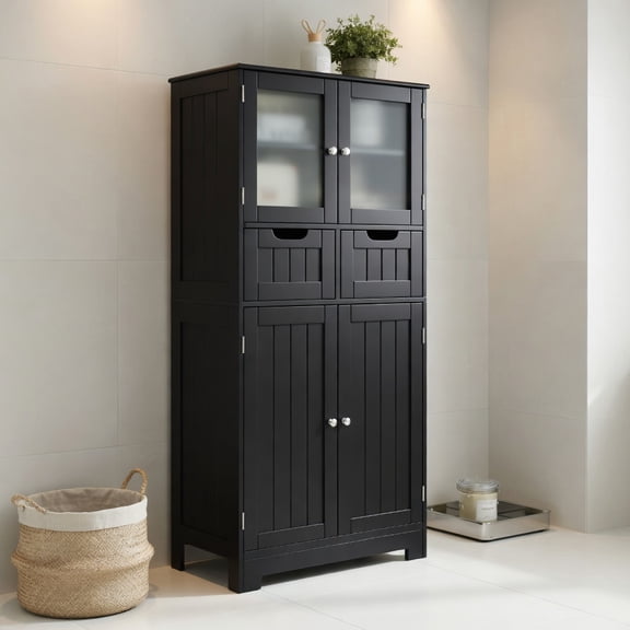 Resenkos 4 Door Bathroom Floor Storage Cabinet, Glass Doors Freestanding Cabinet with 2 Drawers, Cabinet with Magnetic Catch Anti-Toppling for Bathroom, Living Room, Black