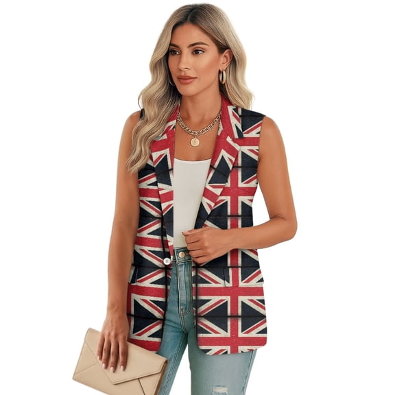 Psesaysky UK Flag Print Womens Summer Suit Vest Tops Fashion Casual Sleeveless Blazers Single Button Down Lightweight Work Waistcoat, Size XL