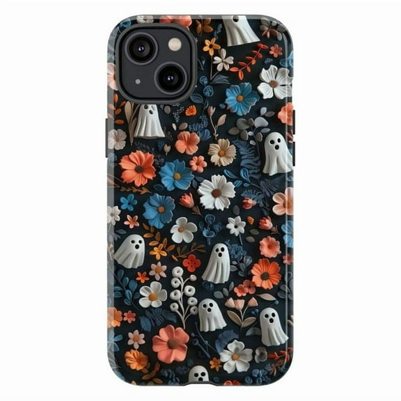 Cute Ghost & Floral Halloween Phone Case, Whimsical Autumn Protective Phone Cover, Gift for iPhone 16 15 14 13 12 11 Pro Plus Mini
