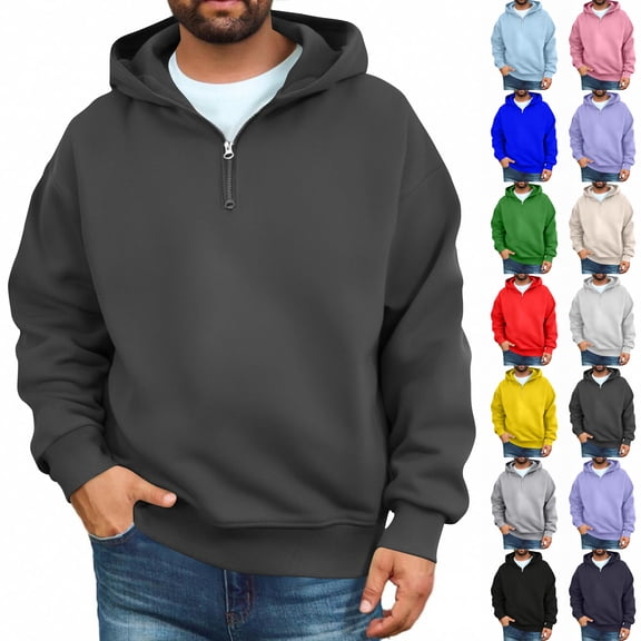 Quarter Zip Pullover Men Hoodie Regular Fit 1/4 Zip Casual Men's Fashion Hoodies & Sweatshirts Long Sleeve Drawstring Hood with Pocket White L