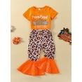 thumbnail image 4 of Bagilaanoe 2pcs Toddler Baby Girl Boy Halloween Outfits Pumpkin Letter Print Short Sleeve T-Shirt Tops + Leopard Flared Trousers 18M 24M 3T 4T 5T 6T Kids Casual Long Pants Set, 4 of 9