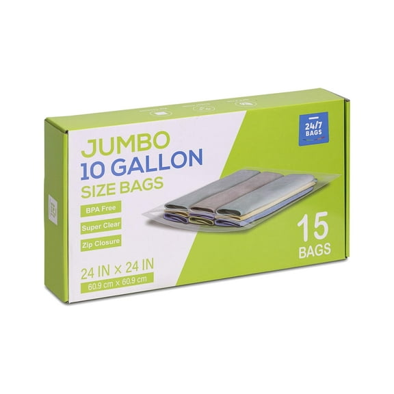 15 Count - XX-Large Plastic Zip Bags, 10 Gallon Size (24" x 24"), Jumbo Storage Bags, Food-Contact Safe, 3 Mils, BPA-Free, Ideal for Seasonal Items, Clothes, Moving, and Other Storage Needs, Clear