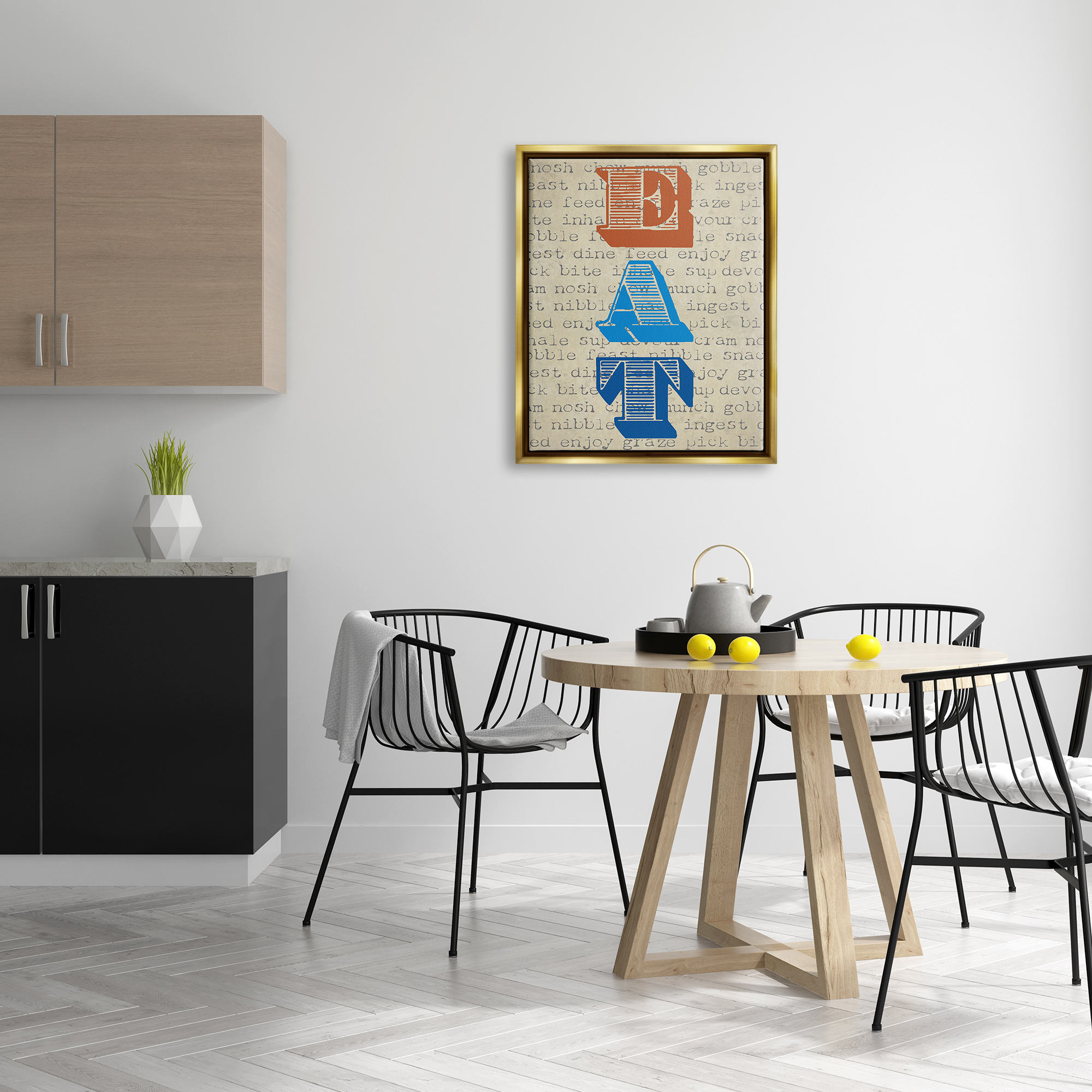 Stupell Industries Eat Vintage Striped Stamp Lettering Kitchen Sign Graphic Art Metallic Gold Floating Framed Canvas Print Wall Art, Design by Graffitee Studios