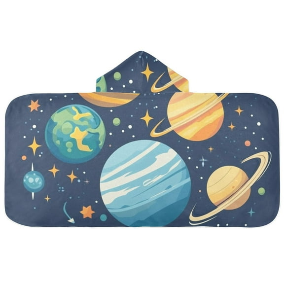 Cartoon Solar System Planet Hooded Beach Towel Kids Bath Towels Quick Dry for Pool Swiming 50" x 23.5" Microfiber Soft Bathrobe