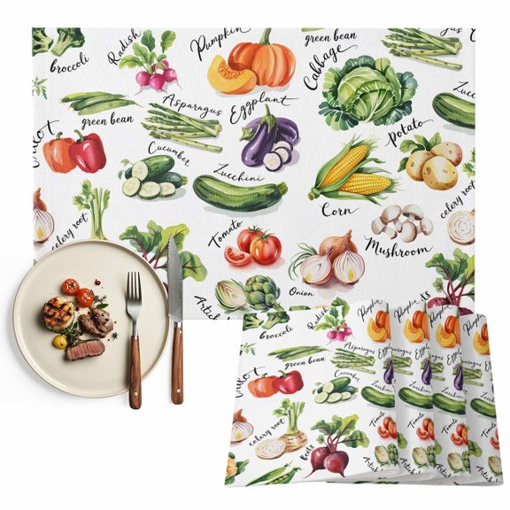 Vegetables Placemats Set of 2, Watercolor Farmhouse Fruits Washable Wipeable Table Mats for Dining Tables, Indoor Outdoor Kitchen Place Mats for Holiday Party Table Decor